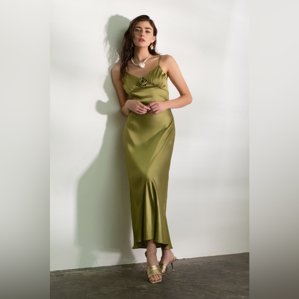 89. Satin Rosette Sleeveless Maxi Dress in Kiwi